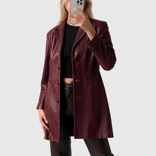 90s Vintage Women Burgundy Leather Trench Coat