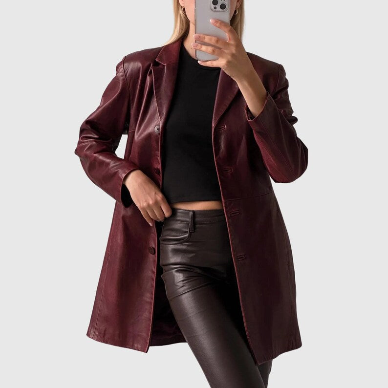 90s Vintage Women Burgundy Leather Trench Coat