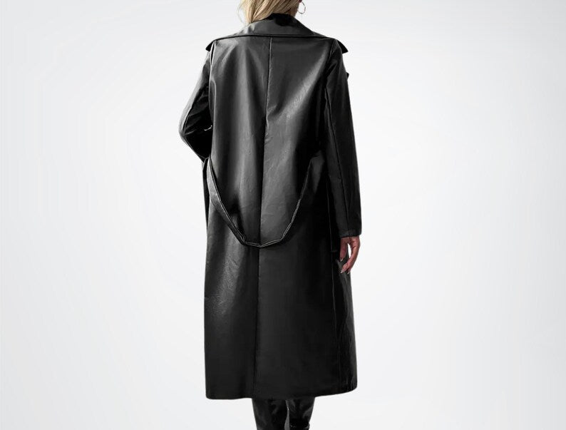 Women black long leather overcoat