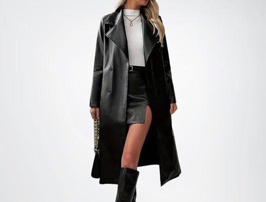 Women black long leather overcoat