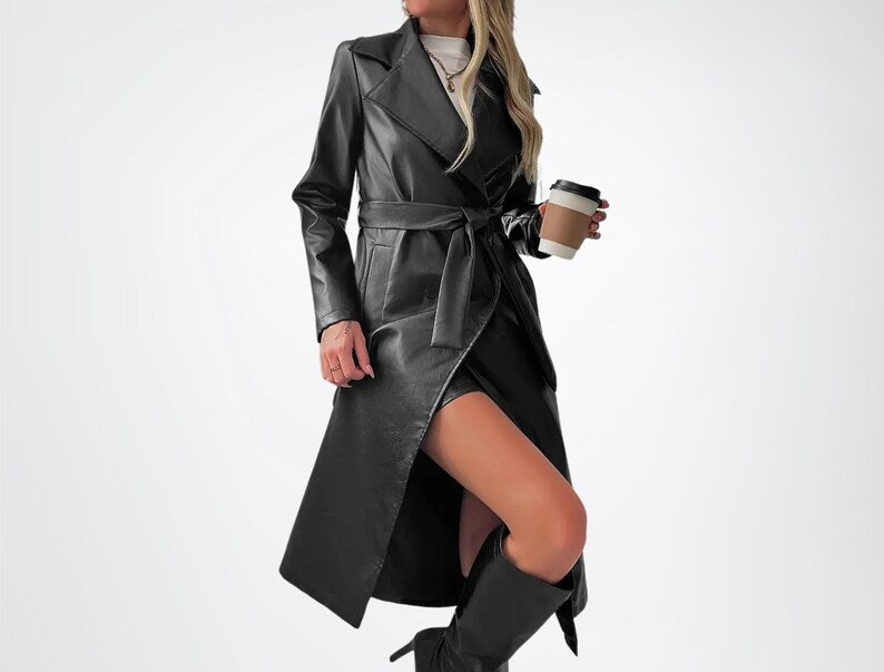 Women black long leather overcoat