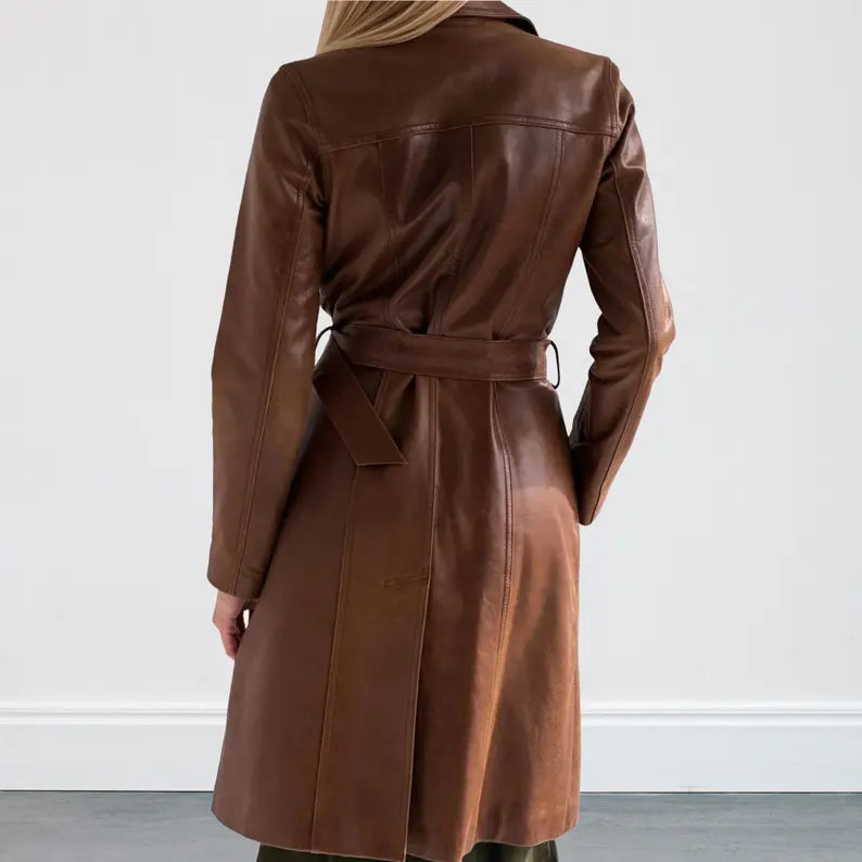Womens Brown Genuine Soft Leather Long Overcoat