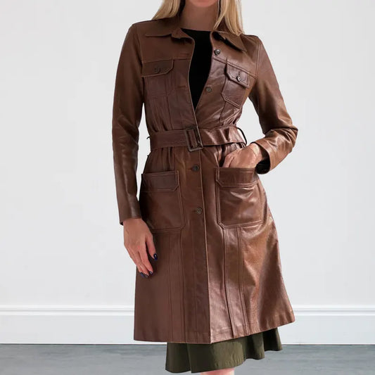 Womens Brown Genuine Soft Leather Long Overcoat