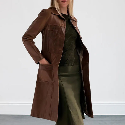 Womens Brown Genuine Soft Leather Long Overcoat