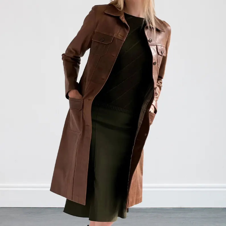 Womens Brown Genuine Soft Leather Long Overcoat