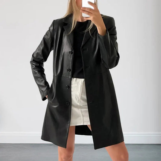 90s Vintage Women Black Leather Trench Coat