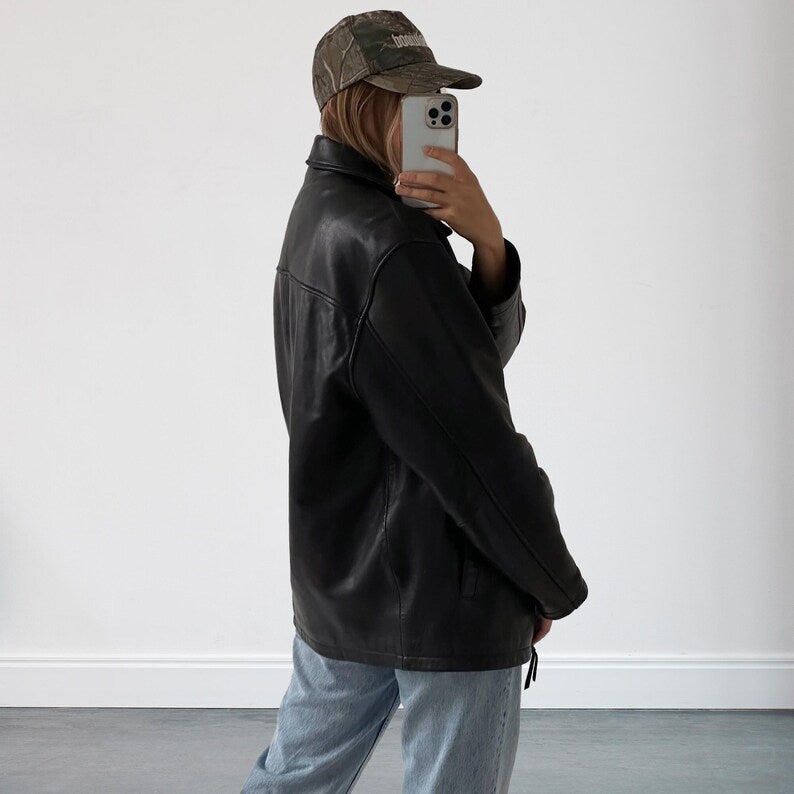 Womens Oversized Black Leather Straight Fit Jacket