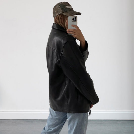 Womens Oversized Black Leather Straight Fit Jacket