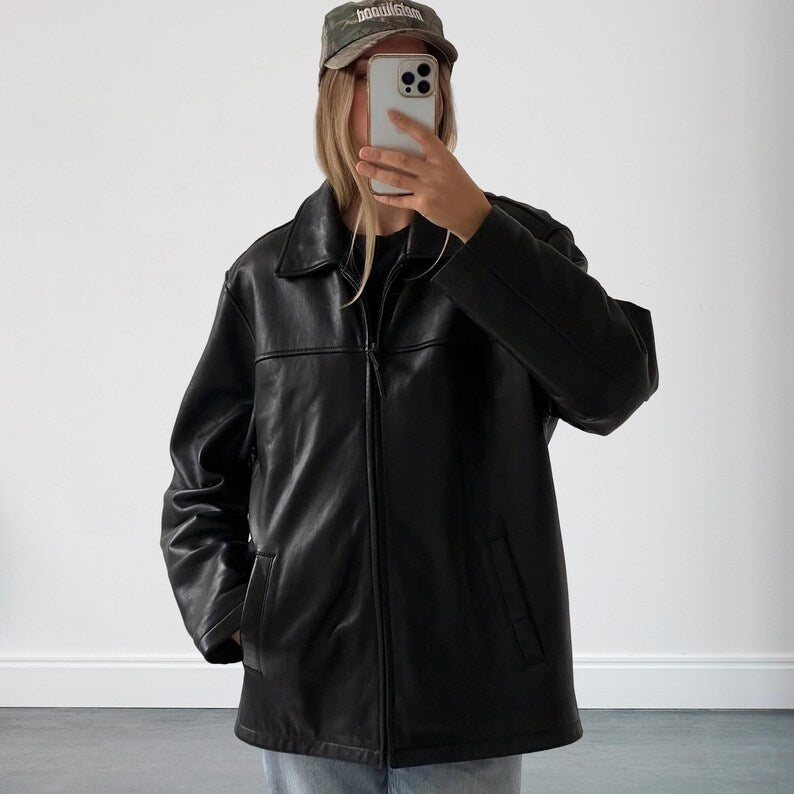 Womens Oversized Black Leather Straight Fit Jacket