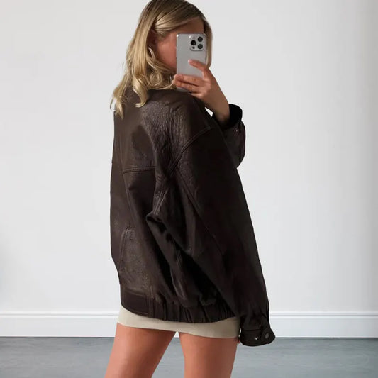 Womens 90s Oversized Brown Vintage Bomber Genuine Leather Jacket