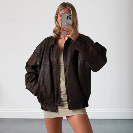 Womens 90s Oversized Brown Vintage Bomber Genuine Leather Jacket