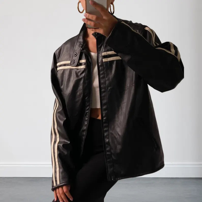 Womens 90s Style Black Oversized Biker Leather Jacket
