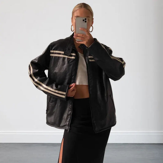 Womens 90s Style Black Oversized Biker Leather Jacket