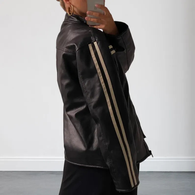 Womens 90s Style Black Oversized Biker Leather Jacket