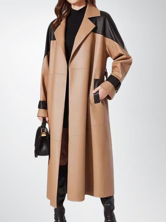 Womens Brown Sheepskin Leather Open Style Long Coat
