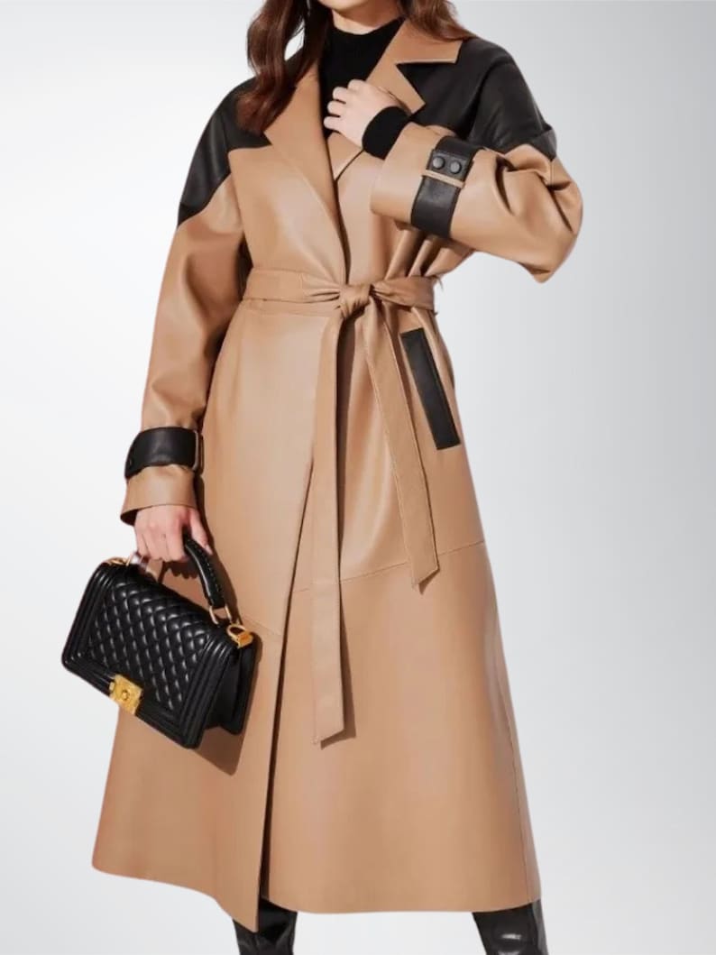 Womens Brown Sheepskin Leather Open Style Long Coat