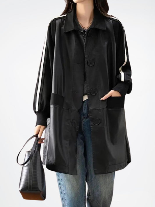 Womens Retro Black Leather Ribbed Cuffs Long Coat