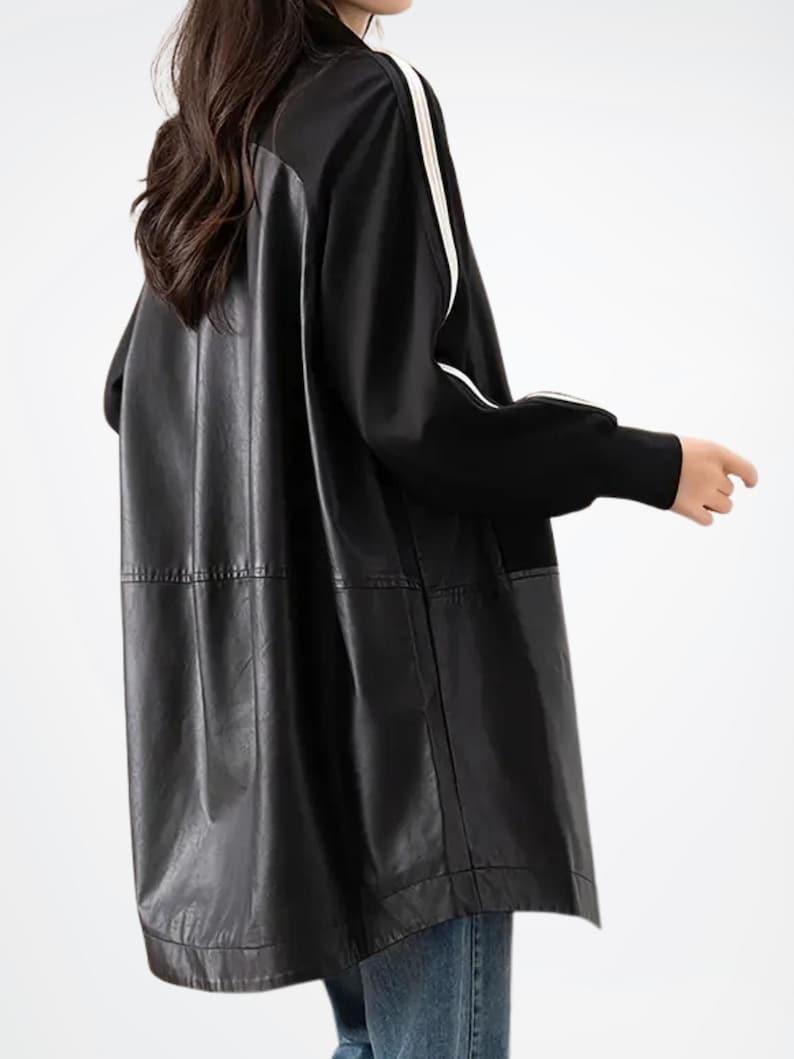 Womens Retro Black Leather Ribbed Cuffs Long Coat