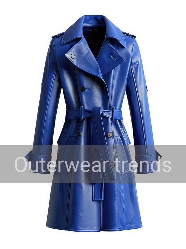Womens Blue Sheepskin Leather Trench Coat