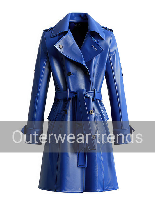 Womens Blue Sheepskin Leather Trench Coat