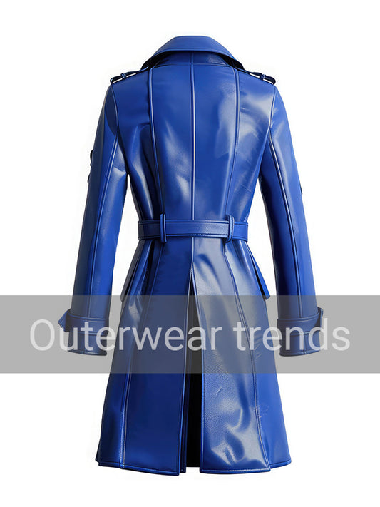 Womens Blue Sheepskin Leather Trench Coat Belted 