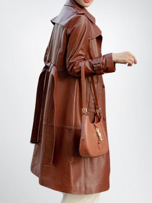 Womens Brown Genuine Soft Leather Trench Coat