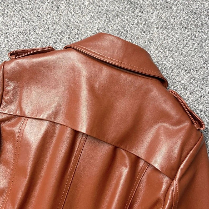Womens Brown Genuine Soft Leather Trench Coat