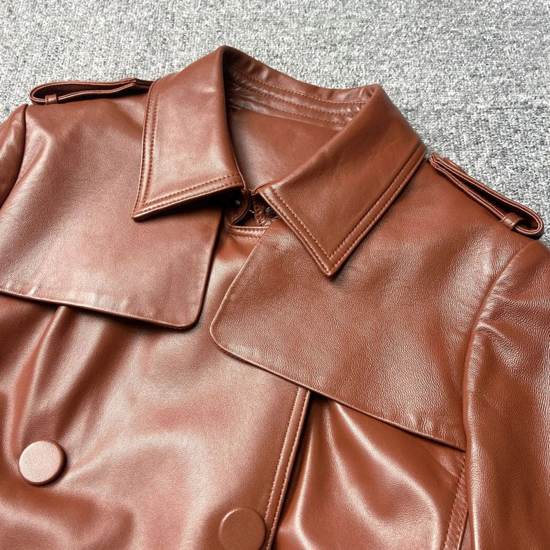 Womens Brown Genuine Soft Leather Trench Coat