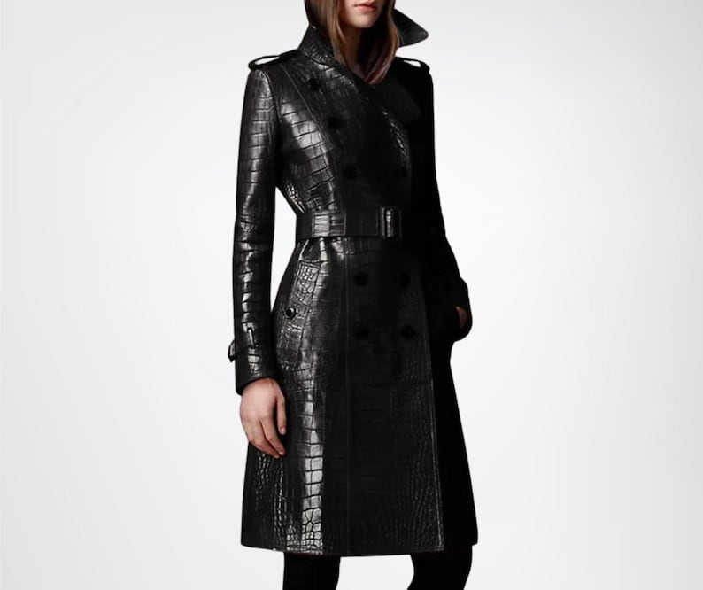 Womens Crocodile Pattern Leather Trench Coat