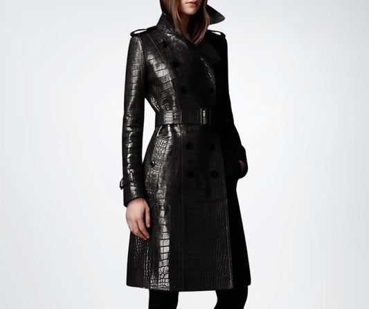Womens Crocodile Pattern Leather Trench Coat