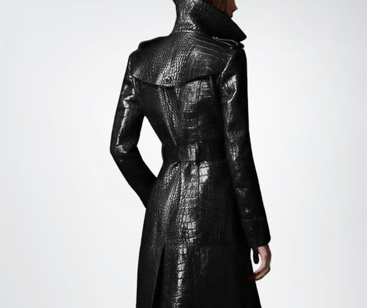 Womens Crocodile Pattern Leather Trench Coat