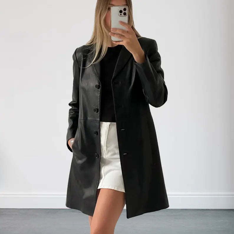 90s Vintage Women Black Leather Trench Coat