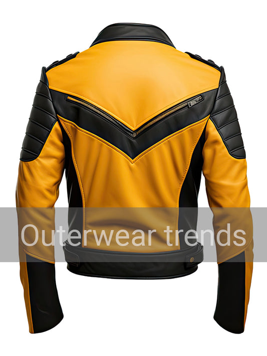 Yellow and Black Soft Leather Biker Jacket
