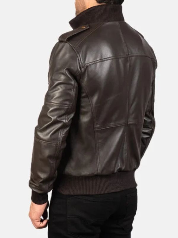 Outerwear Trends Agent Shadow Brown Leather Bomber Jacket