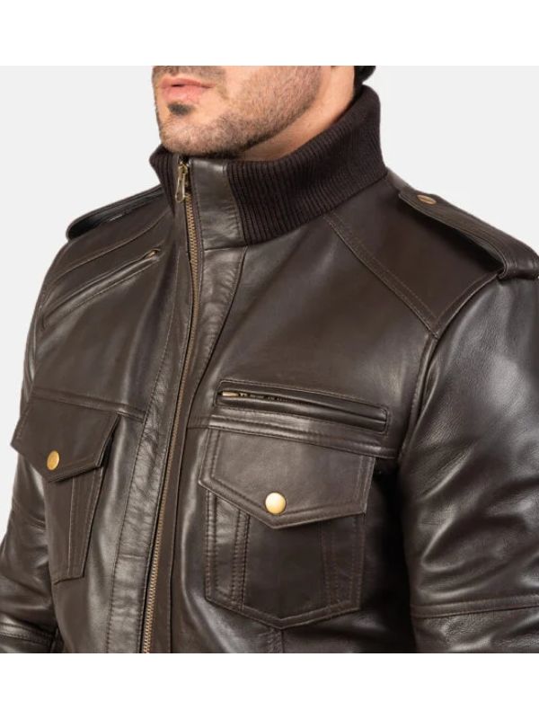 Outerwear Trends Agent Shadow Brown Leather Bomber Jacket