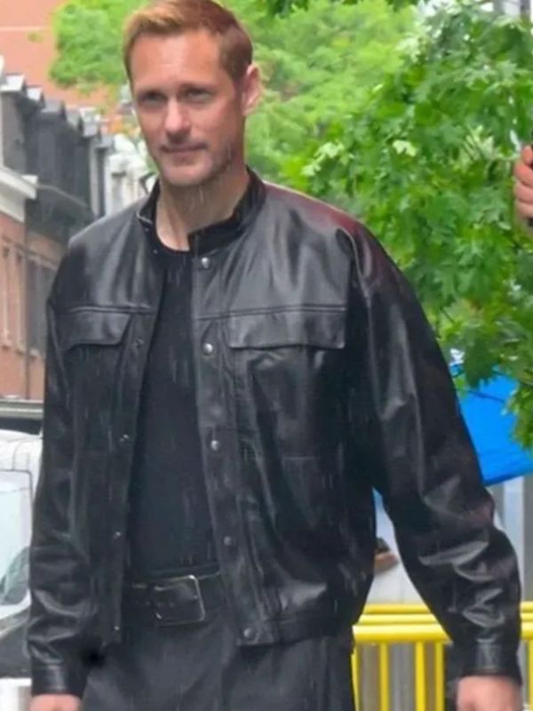Outerwear Trends Alexander Skarsgard Murderbot S01 Black Leather Jacket