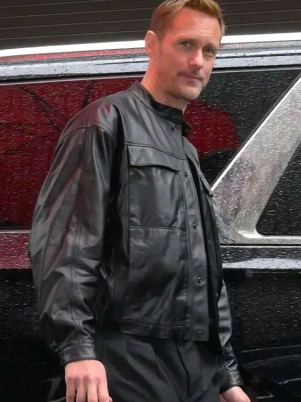 Outerwear Trends Alexander Skarsgard Murderbot S01 Black Leather Jacket
