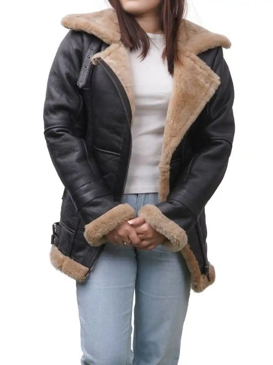Outerwear Trends Annie Black Leather Shearling Jacket
