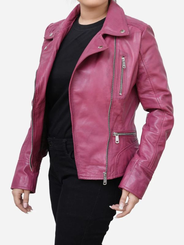 Outerwear Trends Ariella Real Sheepskin Pink Leather Biker Jacket