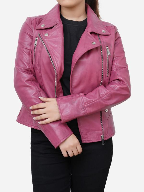 Outerwear Trends Ariella Real Sheepskin Pink Leather Biker Jacket