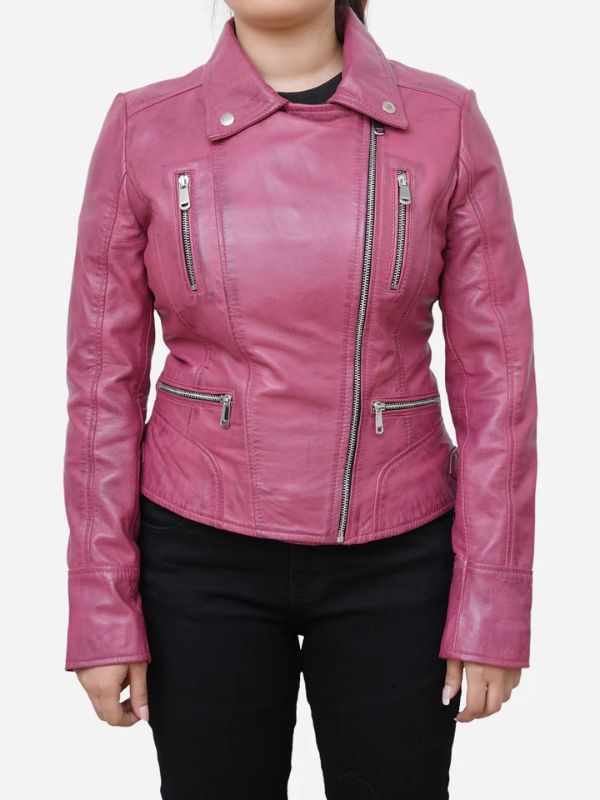 Outerwear Trends Ariella Real Sheepskin Pink Leather Biker Jacket