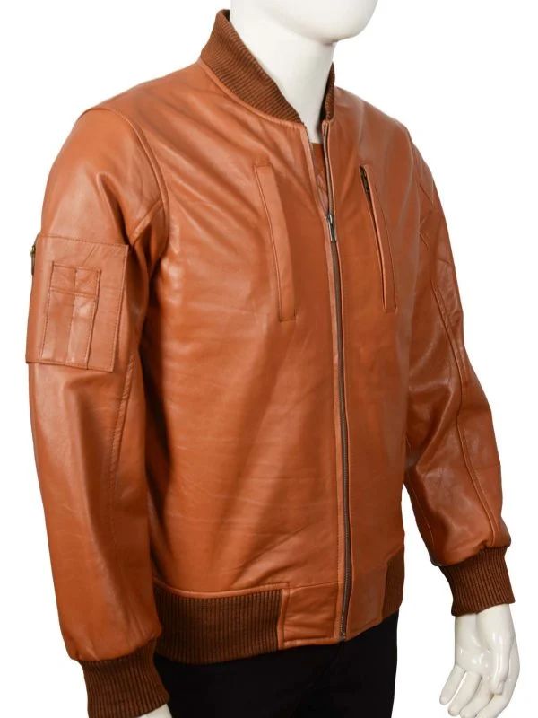 Outerwear Trends Camel Brown Bomber Leather Jacket With Rib Knit For Men