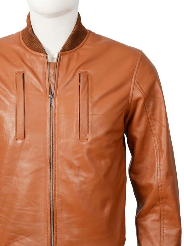 Outerwear Trends Camel Brown Bomber Leather Jacket With Rib Knit For Men