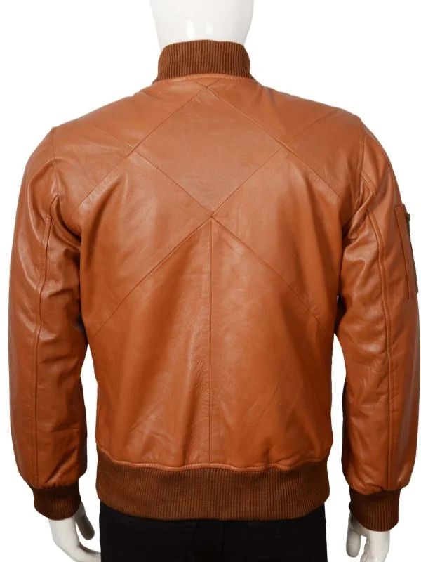 Outerwear Trends Camel Brown Bomber Leather Jacket With Rib Knit For Men