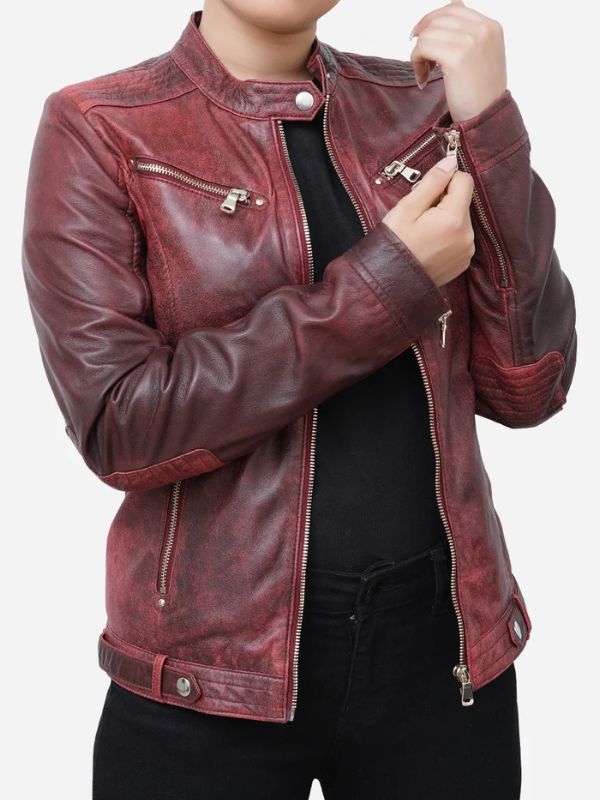 Outerwear Trends Camila Fitted Style Distressed Maroon Leather Biker Jacket