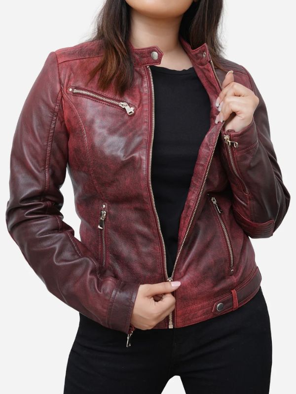 Outerwear Trends Camila Fitted Style Distressed Maroon Leather Biker Jacket