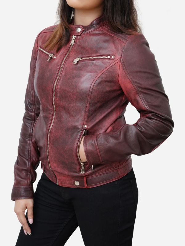 Outerwear Trends Camila Fitted Style Distressed Maroon Leather Biker Jacket