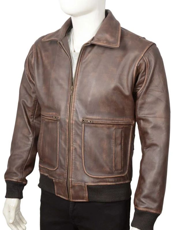 Outerwear Trends Dark Brown Vintage Bomber Leather Jacket With Rib Knit For Men