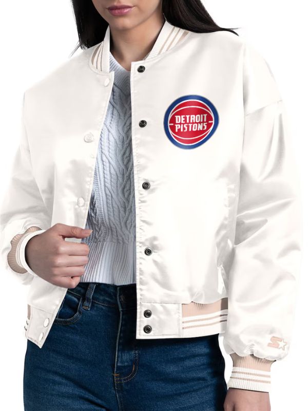 Outerwear Trends Detroit Pistons Starter Cream Printed Logo Varsity Jacket