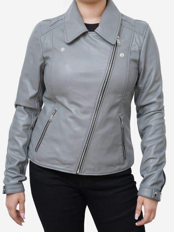 Outerwear Trends Elizabeth Classic Sheepskin Grey Leather Moto Jacket